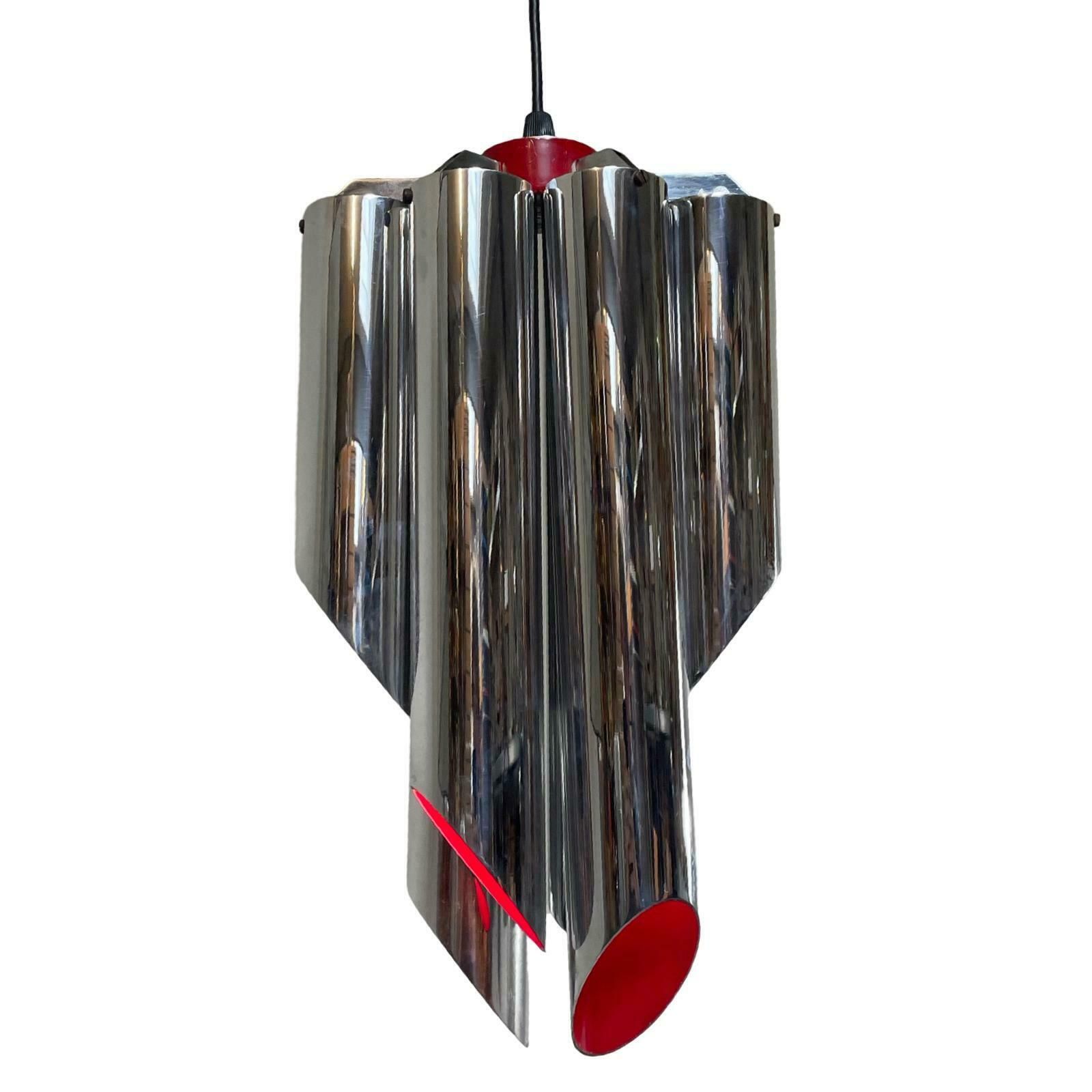 Space Age Design / Pop Art   Chromed And Red Inside   Hanging Pendant   Polished Tubes photo vinterior