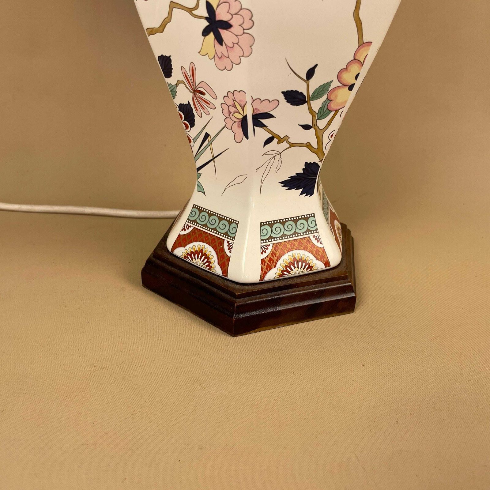 Ceramic Floral Lamp Light Bedside Table Desk Oriental White Shade Wood Base Hand Painted Floral Vintage Antique Wooden Hexagon Base photo furniture