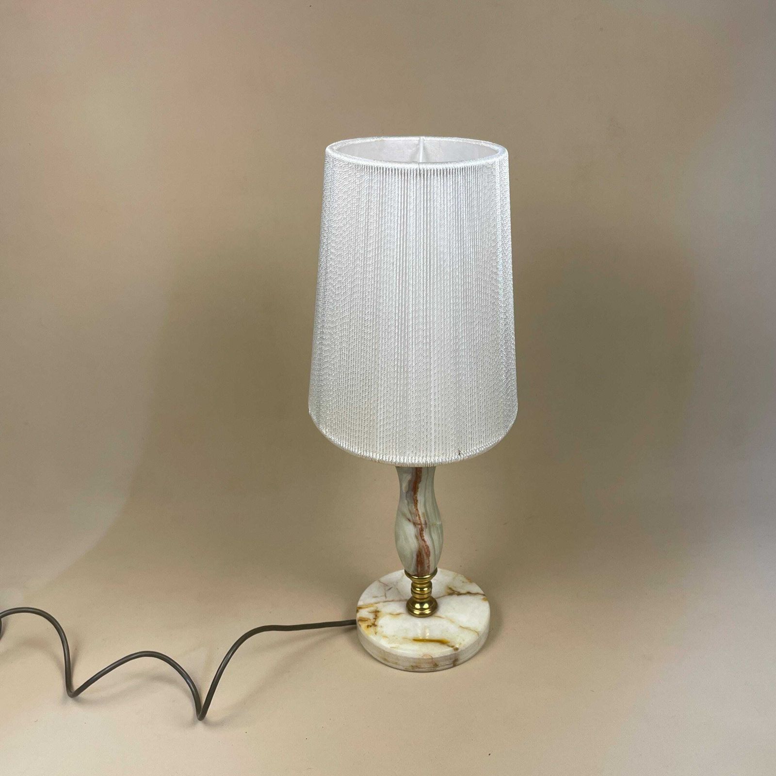 Antique Onyx Marble Lamp Light Brass Gold Metal Bedside Side Table Desk Marbled Patterned Vintage Pattern Feet Ornate String Lampshade photo for sale