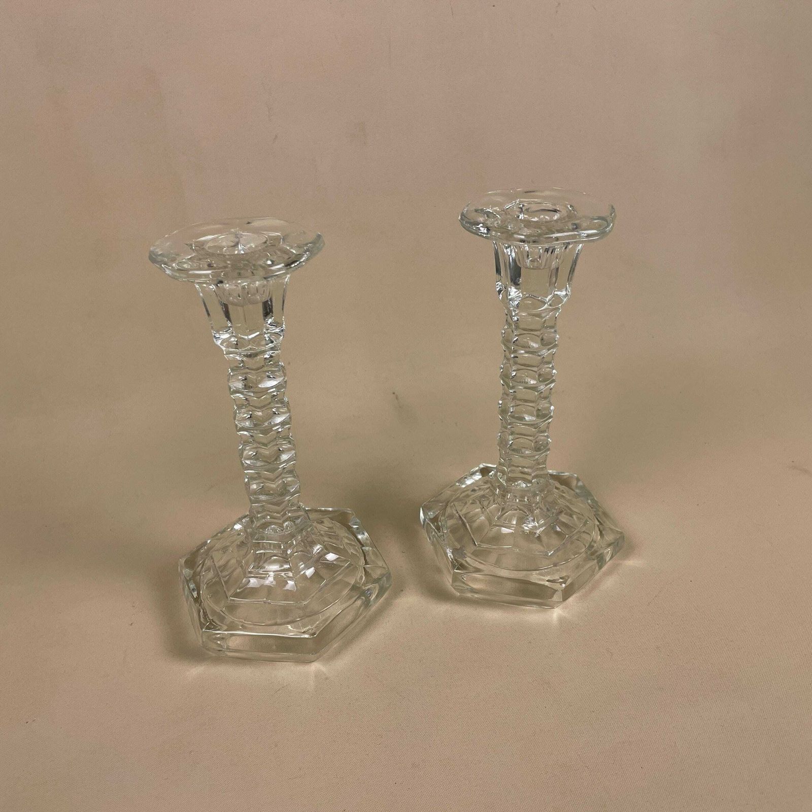 Vintage Pair Of Matching Clear Glass Candlestick Candle Stick Holder Lights Vintage Taper Dinner Candlesticks Chandelier Hexagon Base Retro photo for sale