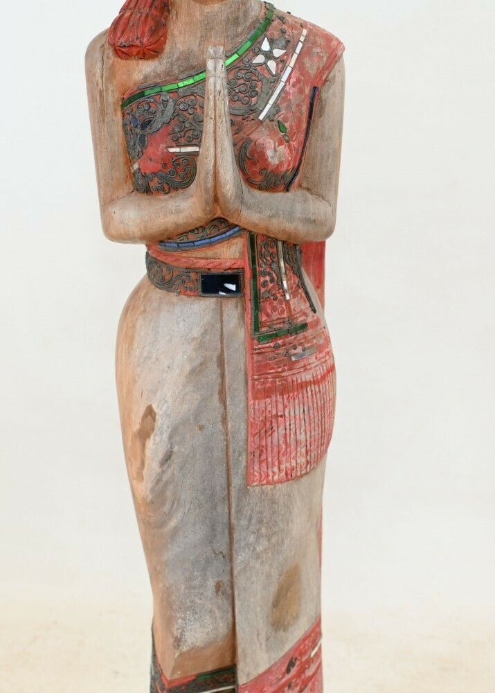 Vintage Carved Thais Budhhist Woman Statue Buddha Prayer photo Art