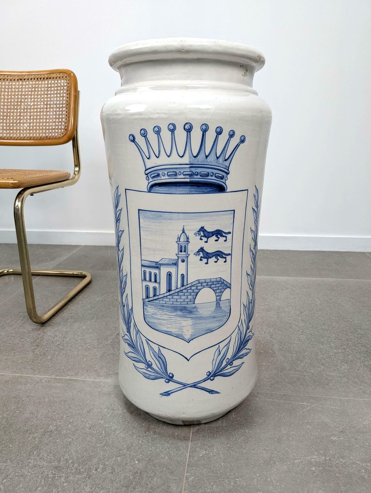 Antique Talavera Ceramic Umbrella Stand With Bilbao Coat Of Arms photo for sale
