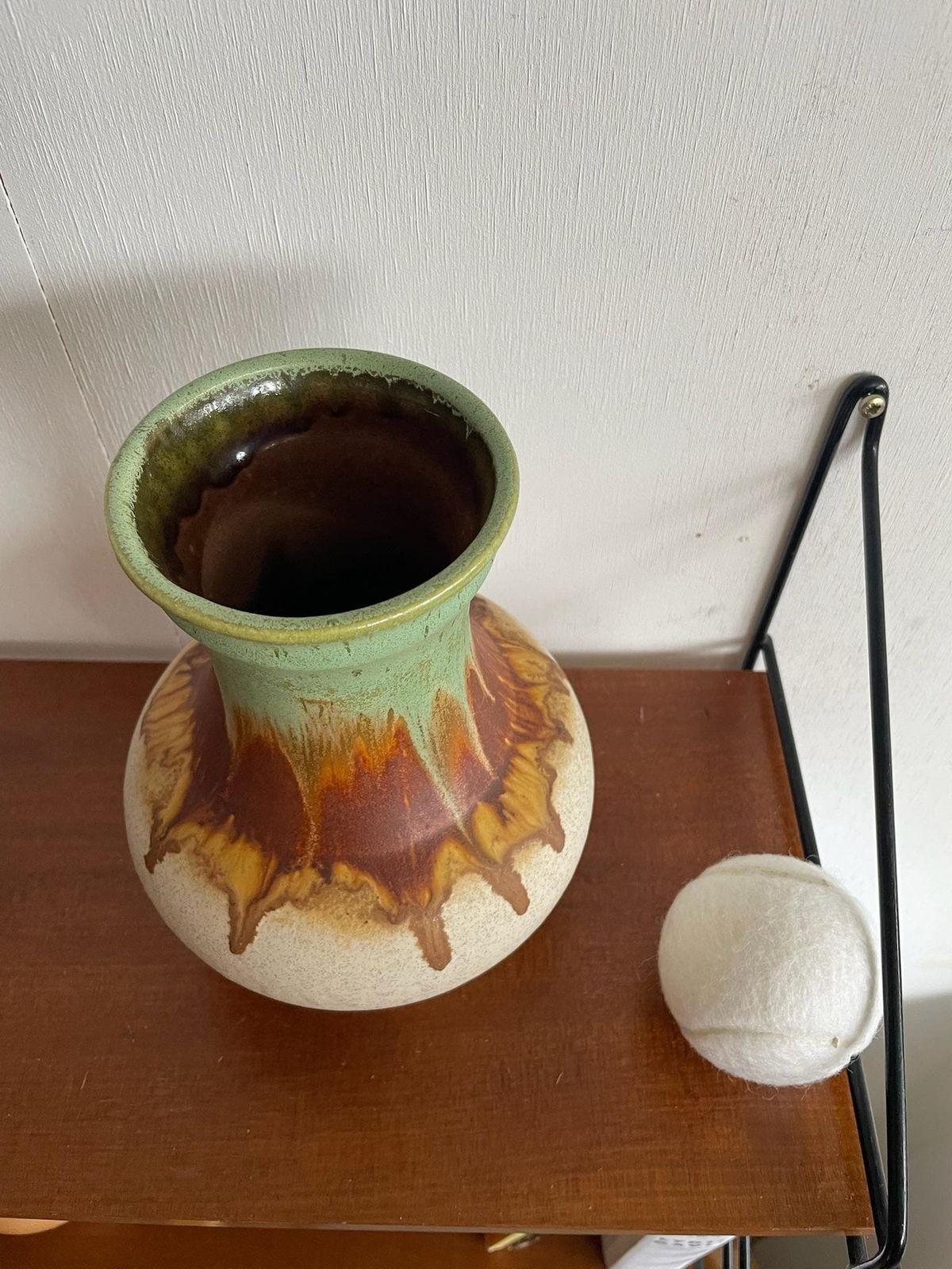 Ueberlacker U Keramik 528 18 Creamy White West German Vase With Brown And Blue Drip Glaze photo Home Decor