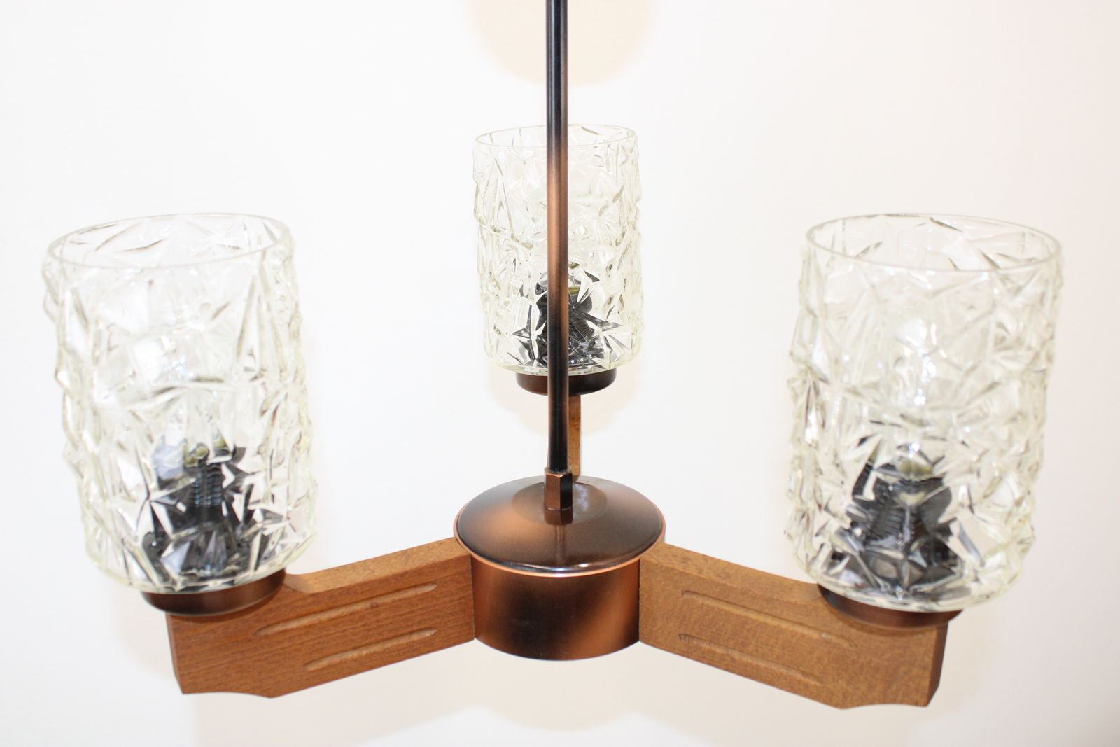 Vintage Ceiling Lamp In Wood And Cut Glass//Space Age 80's/Atomic Light Fixture photo vintage