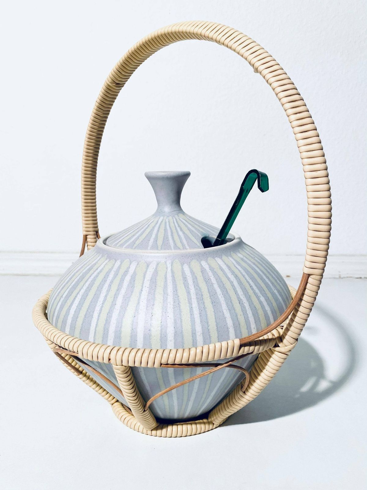 Mid Century Light Blue Ceramic Punch Bowl Container With Basket / Vintage German Pottery 50s 60s / 4 Liter photo for sale