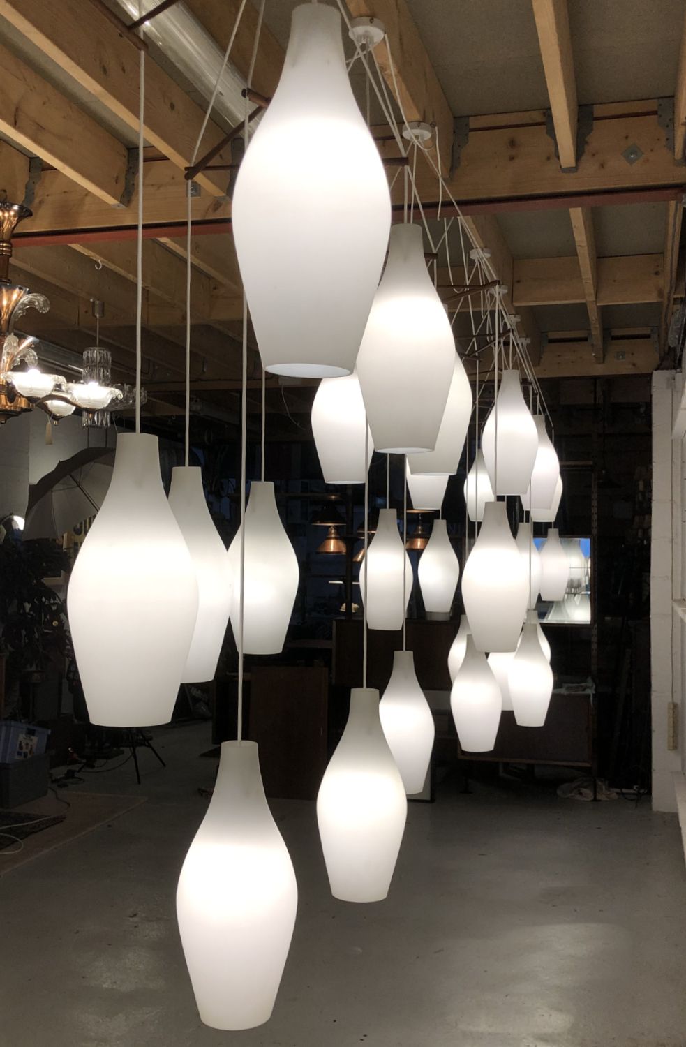 30 Large Midcentury Glass Bowling Pin Lights Set Of 10 Scandinavian Teak Cascade Chandelier Pendants 1960s photo Lighting