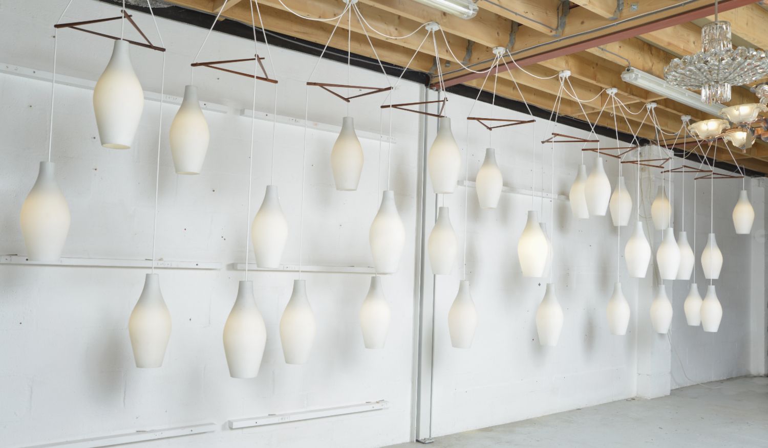 30 Large Midcentury Glass Bowling Pin Lights Set Of 10 Scandinavian Teak Cascade Chandelier Pendants 1960s photo furniture