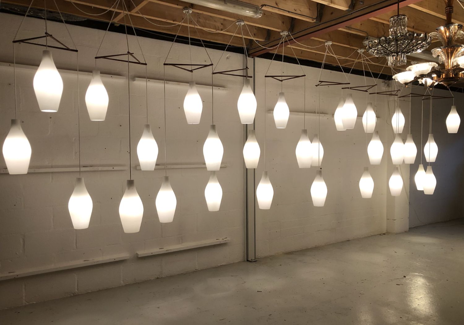 30 Large Midcentury Glass Bowling Pin Lights Set Of 10 Scandinavian Teak Cascade Chandelier Pendants 1960s photo 10800.0