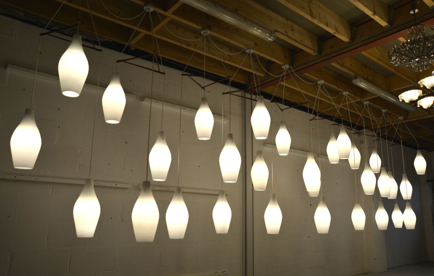 30 Large Midcentury Glass Bowling Pin Lights Set Of 10 Scandinavian Teak Cascade Chandelier Pendants 1960s photo vinterior