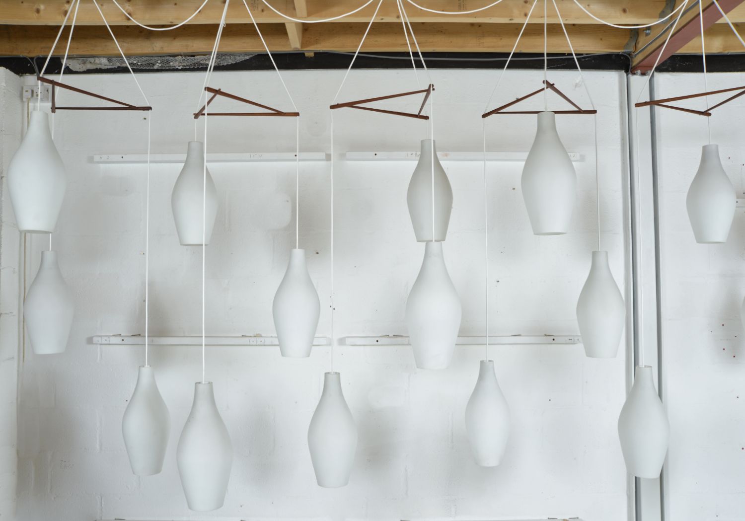 photo buy 30 Large Midcentury Glass Bowling Pin Lights Set Of 10 Scandinavian Teak Cascade Chandelier Pendants 1960s