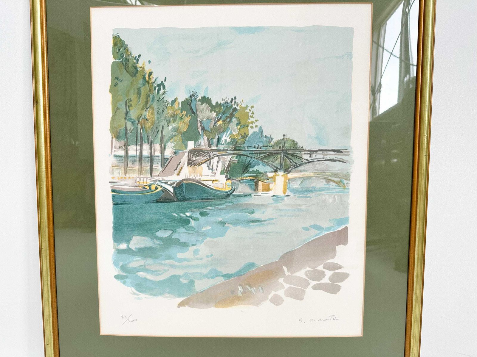 Limited Edition Lithograph 73/150, Framed, Signed & Numbered   Gilbert Martin "River Barges" photo for sale