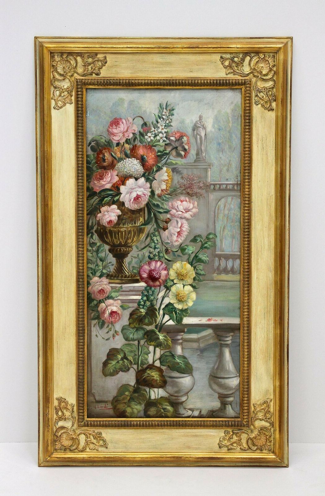Pair Of Floral Still Life Oil Paintings, Signed V. Landi, Framed, It Ca. 1990 photo furniture