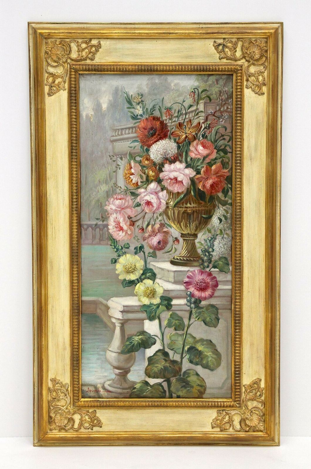 Art Pair Of Floral Still Life Oil Paintings, Signed V. Landi, Framed, It Ca. 1990 photo