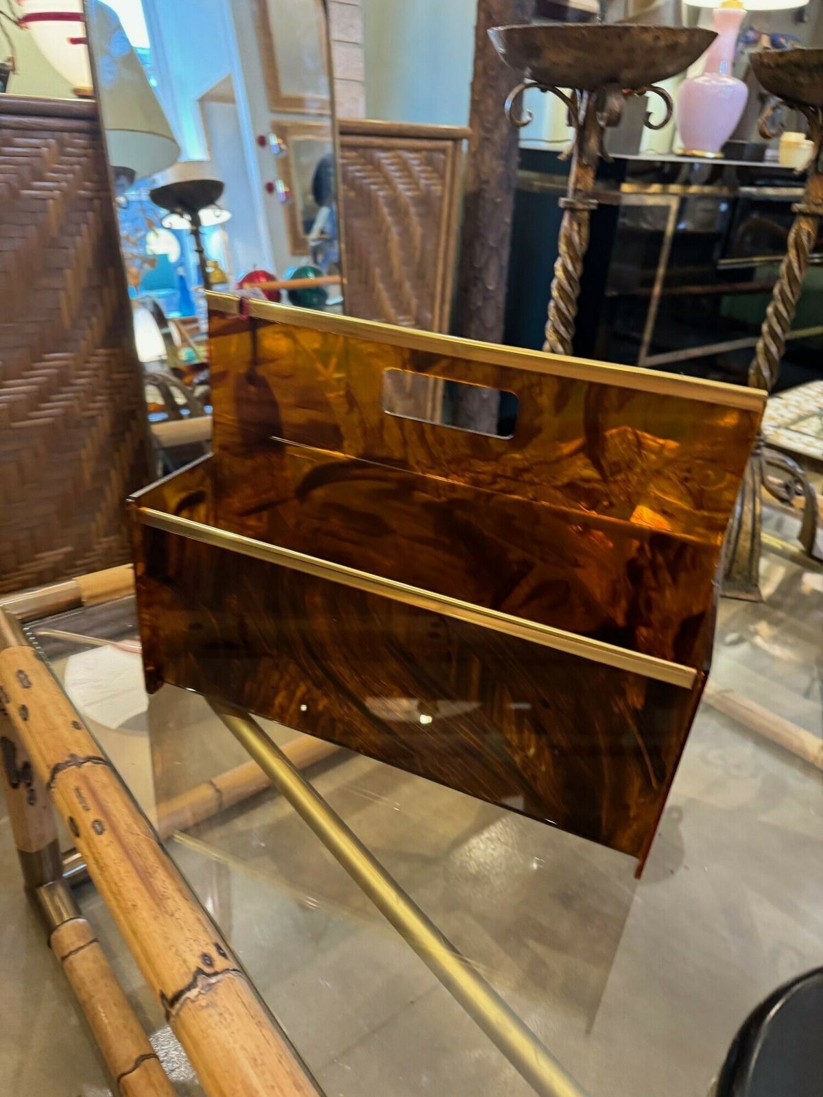 A French 1970s Faux Tortoiseshell And Brass Magazine Rack By Mercier Freres photo Home Decor
