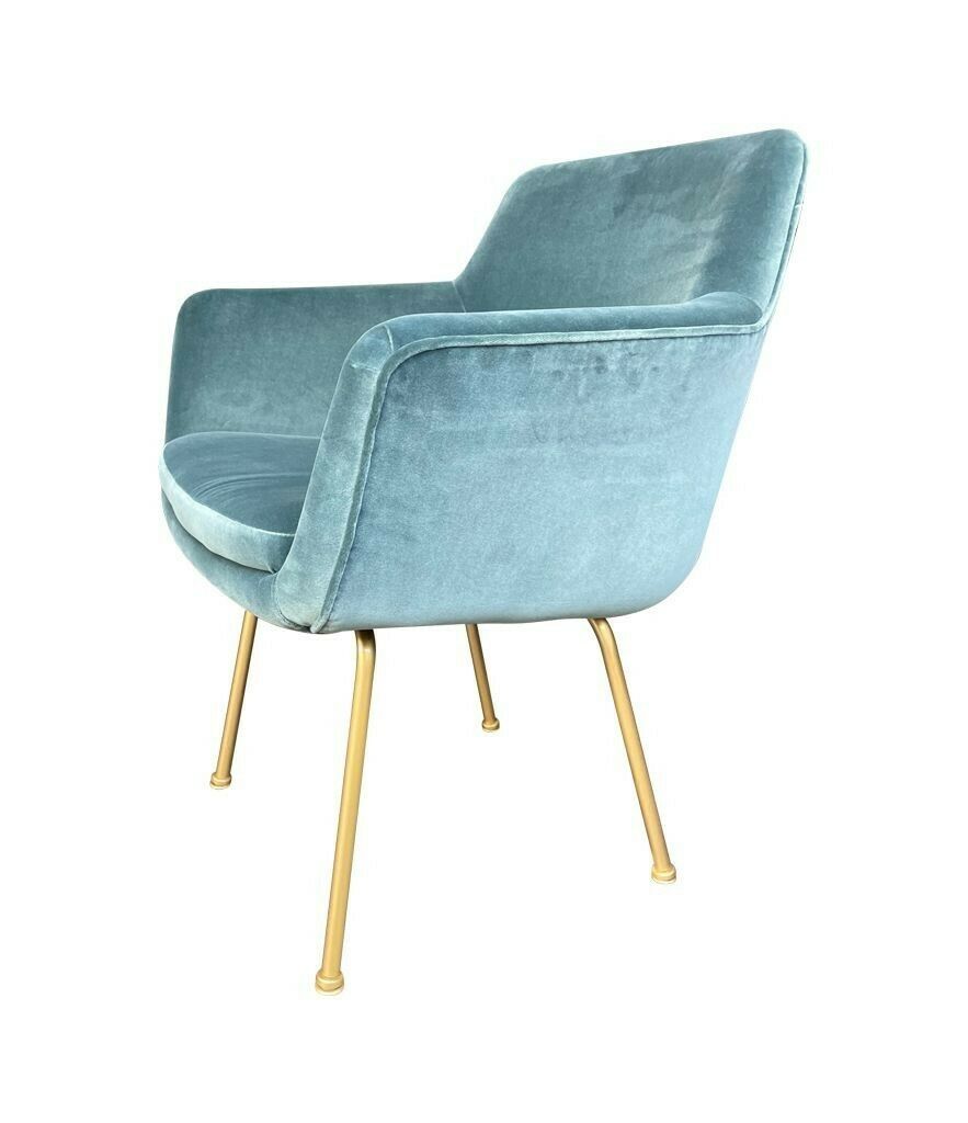 photo for sale A Set Of Four Italian 1970s Chairs With Gilt Metal Legs In Blue Velvet Fabric