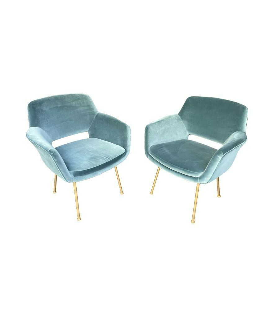 photo buy A Set Of Four Italian 1970s Chairs With Gilt Metal Legs In Blue Velvet Fabric