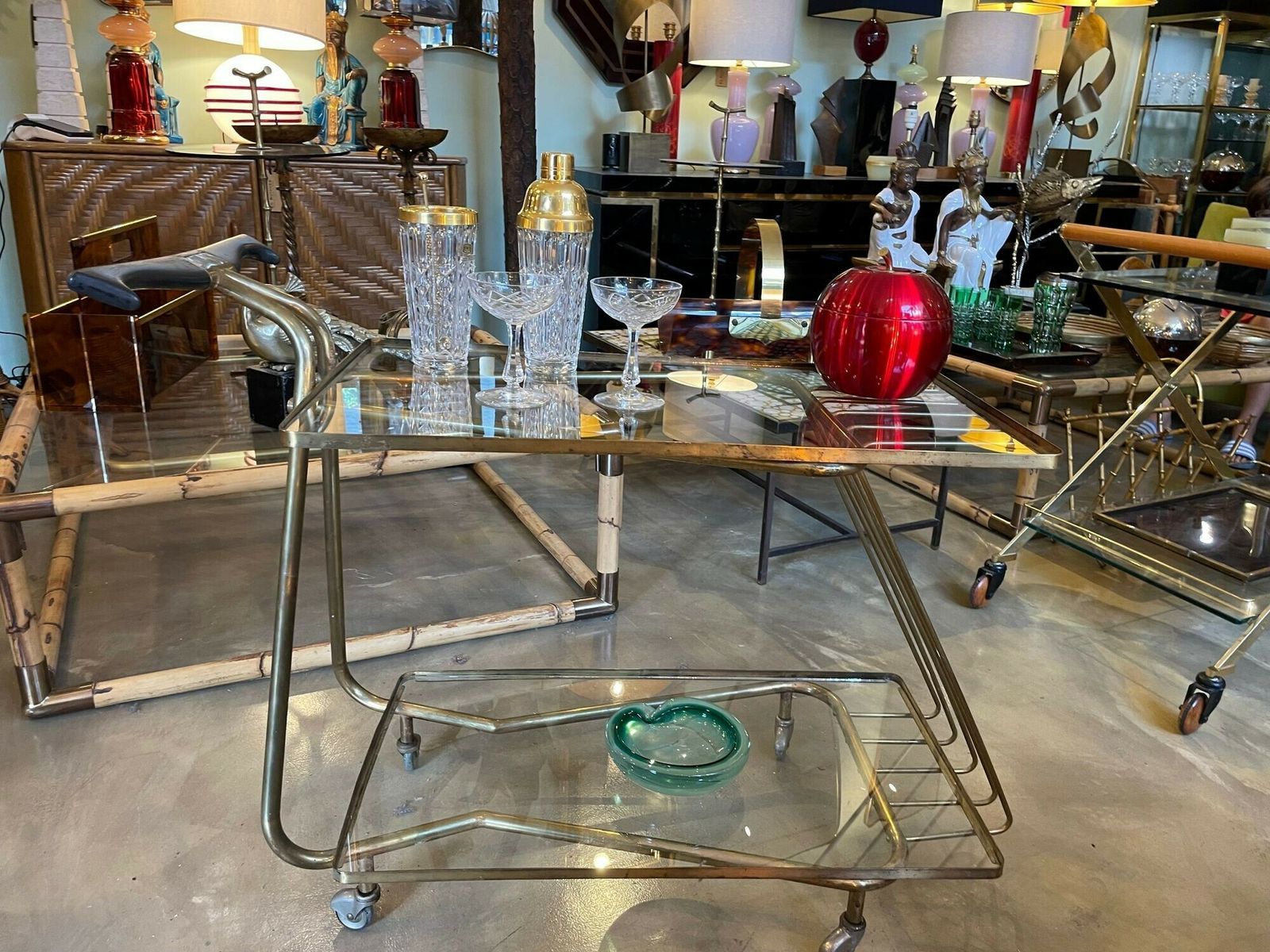 Furniture An Unusual Designed Italian 1950s Brass Bar Trolley photo