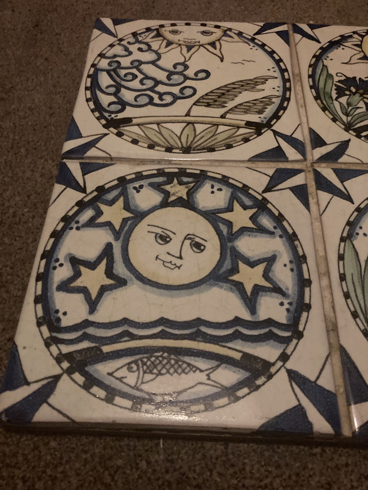Set Of 4  Arts And Crafts Style Decorative Sun And Moon Cosmos Tiles photo Home Fixtures