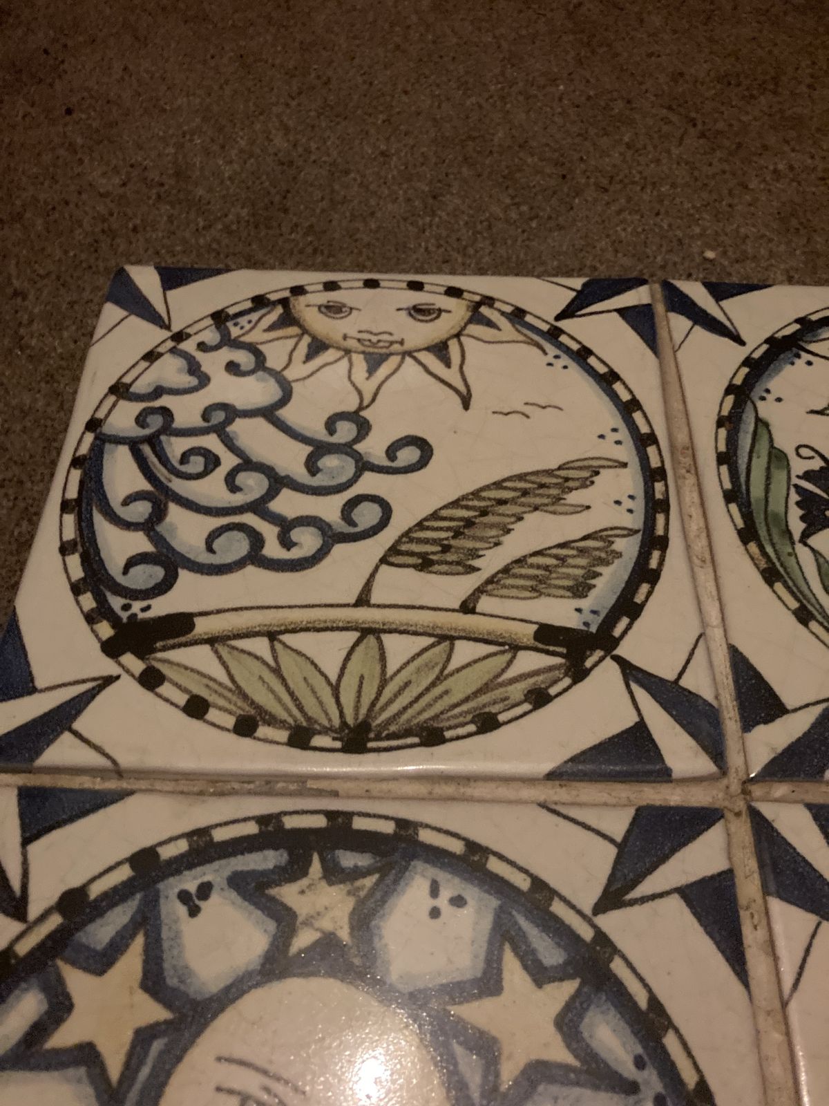 photo for sale Set Of 4  Arts And Crafts Style Decorative Sun And Moon Cosmos Tiles