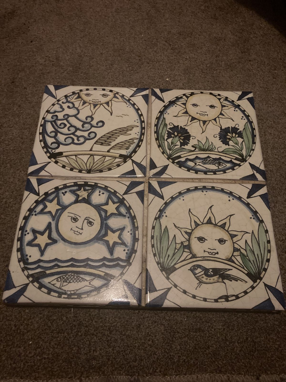 Home Fixtures Set Of 4  Arts And Crafts Style Decorative Sun And Moon Cosmos Tiles photo