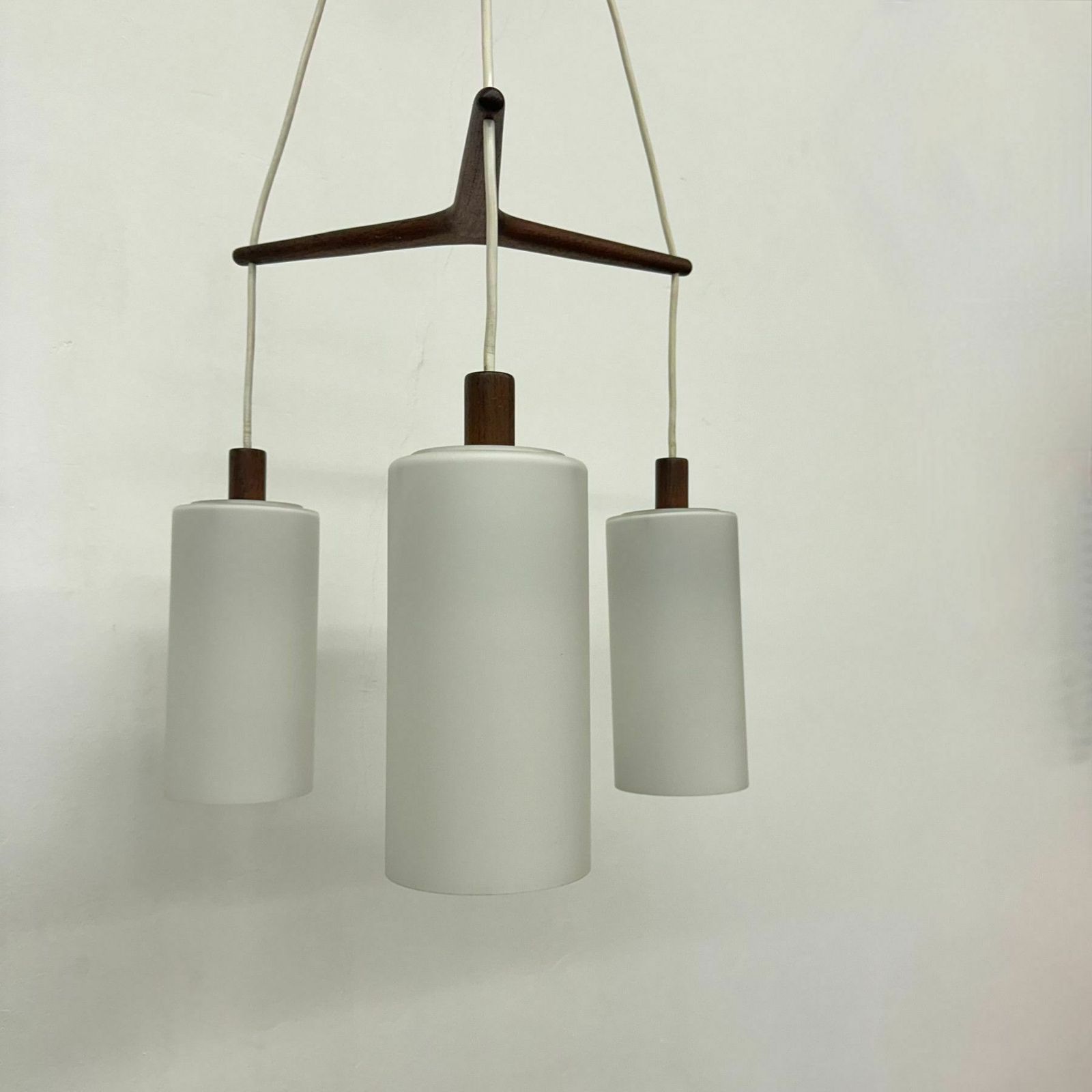 Mid Century Design Pendant Lamp Teak And Opaline Glass , 1970s photo for sale
