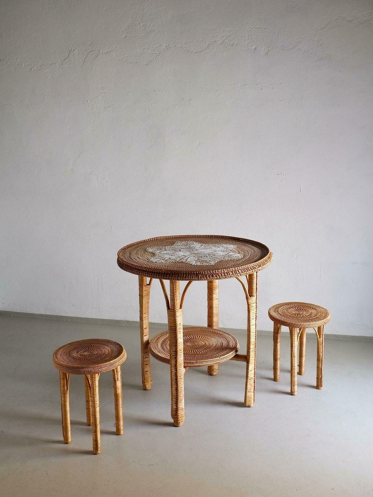 Vintage Woven Wicker Table Set | Patio Garden | 1980s photo furniture
