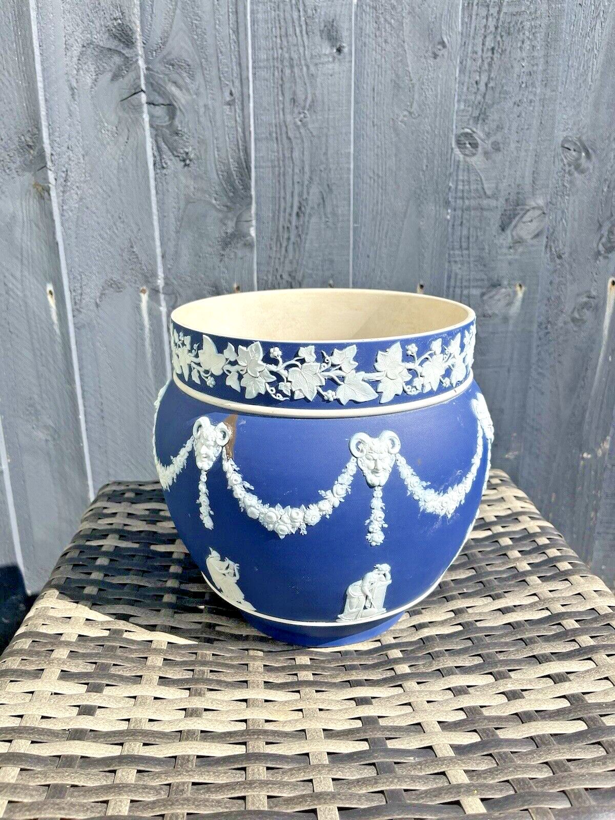 Large Antique 19th C Wedgwood Cobalt Blue Jasperware Jardiniere Plant Pot Af photo 150.0