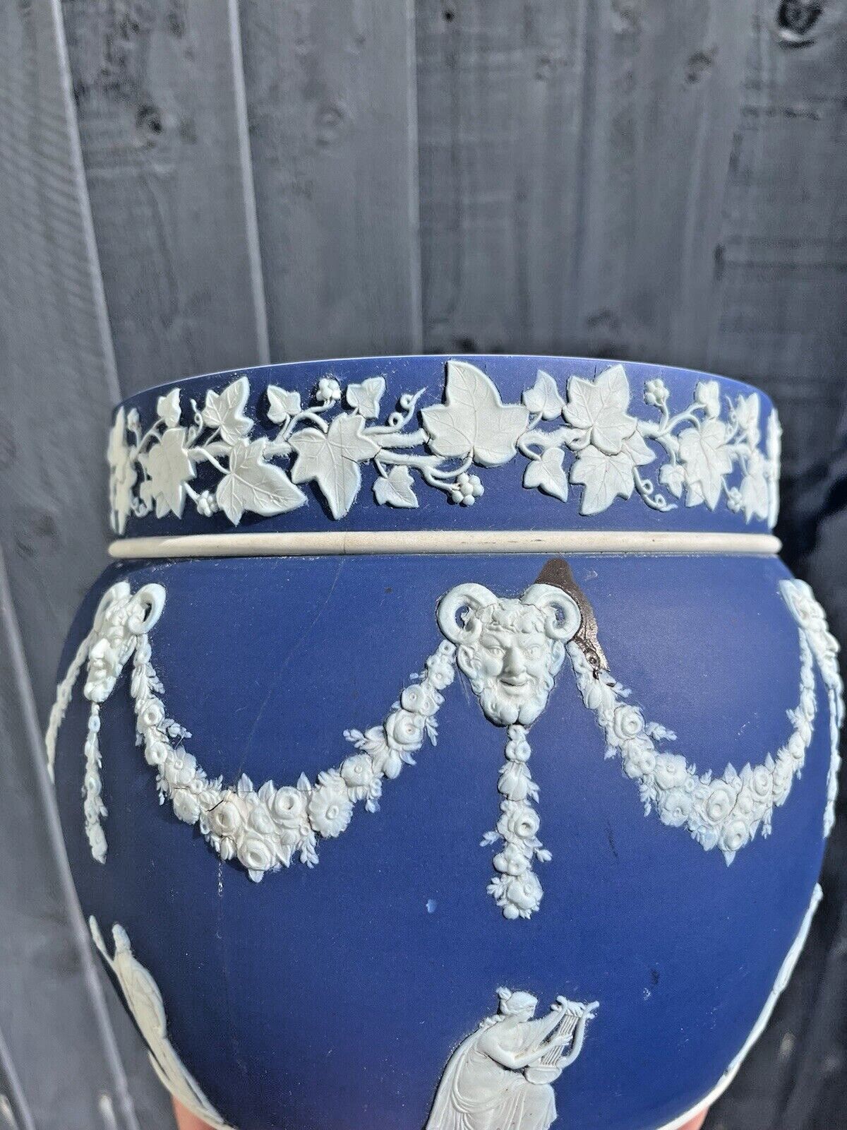 Large Antique 19th C Wedgwood Cobalt Blue Jasperware Jardiniere Plant Pot Af photo vinterior