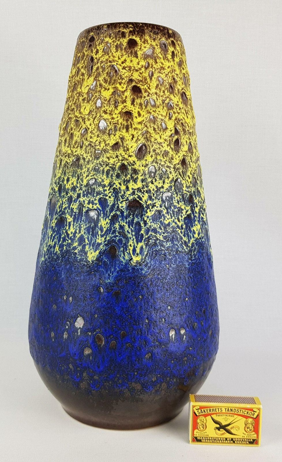 Large Vintage Steuler Keramik Blue Vase With Yellow Fat Lava Glaze 4373/3 West German Pottery 1960s photo furniture
