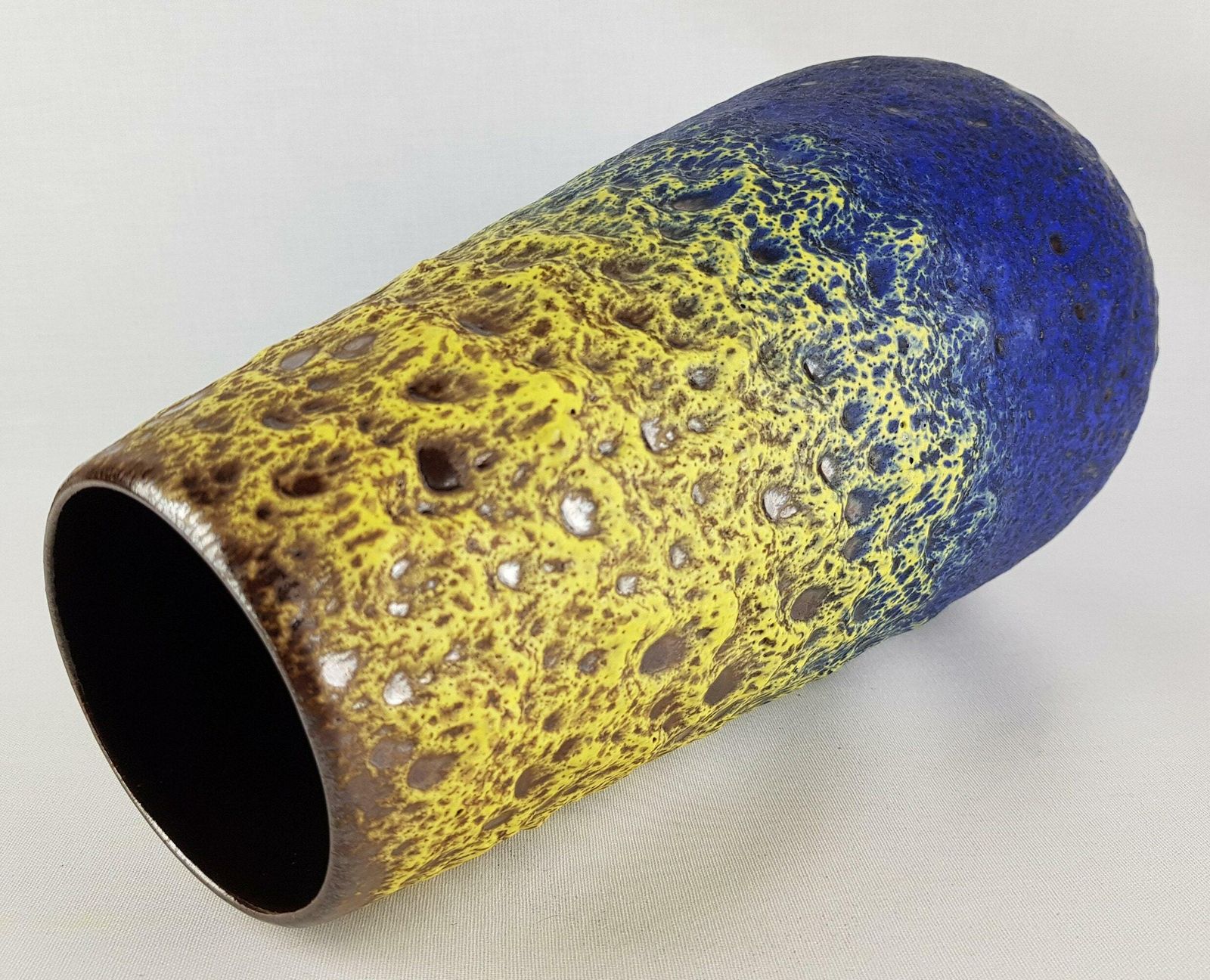 Large Vintage Steuler Keramik Blue Vase With Yellow Fat Lava Glaze 4373/3 West German Pottery 1960s photo 185.0