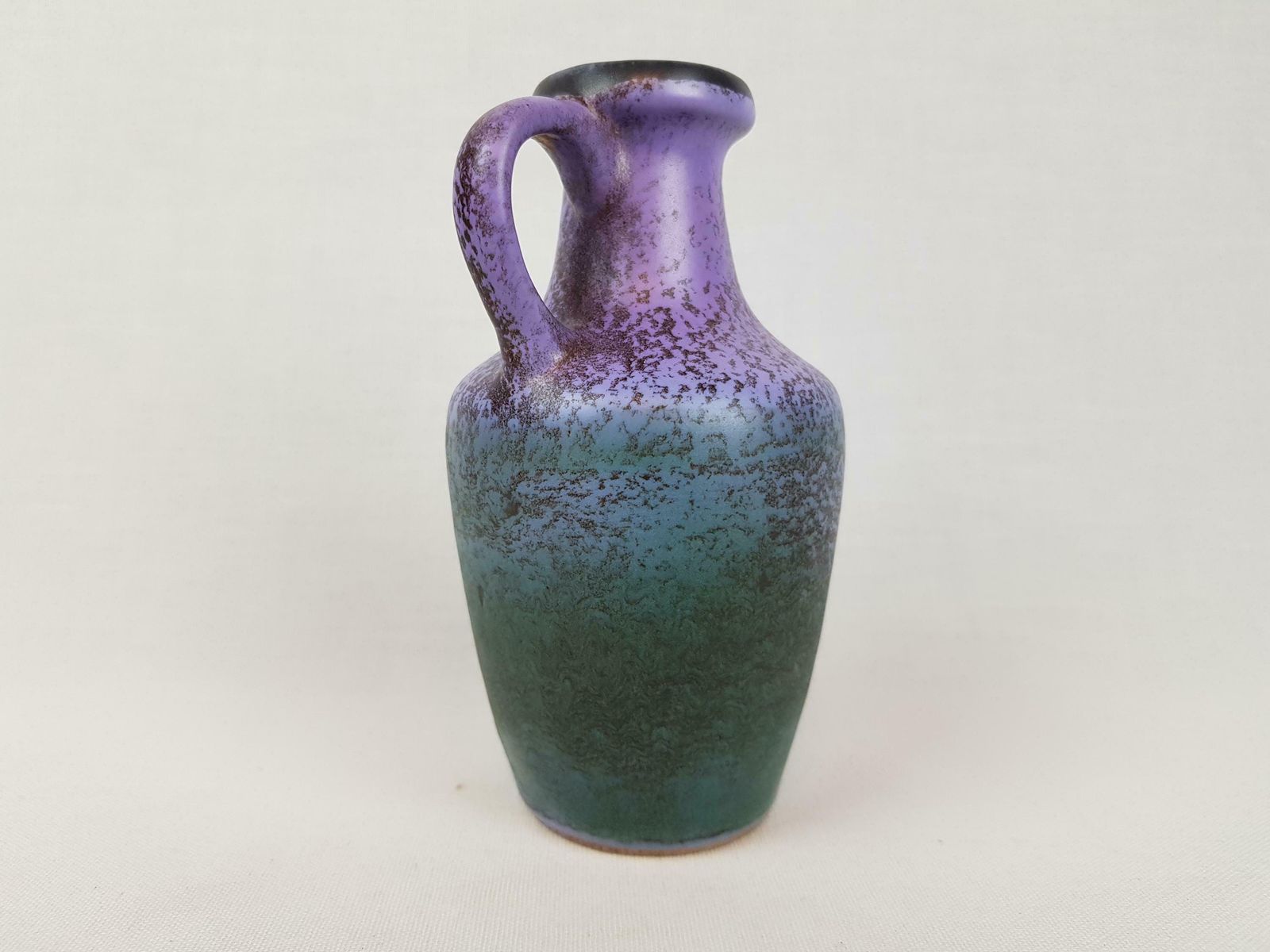 Vintage Veb Haldensleben Handled Purple And Green Vase With Speckled Pattern 4079 East German Pottery 1960s 1970s photo for sale