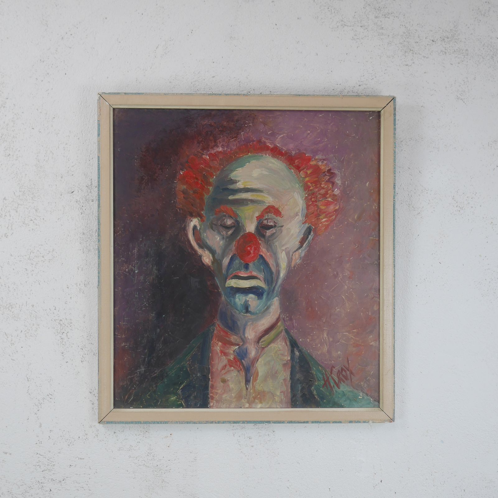Vintage Oil On Board Portrait Painting Of Bimbo The Clown Framed Signed photo furniture