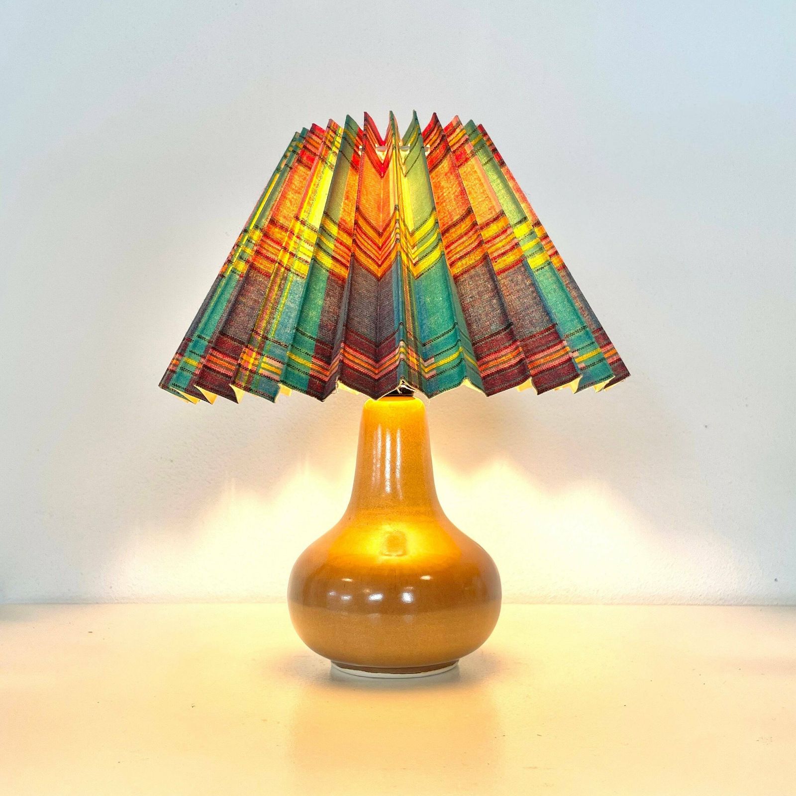 Vintage Danish Design Ceramic Mid Century Table Lamp With Multicolor Pleated Shade And Harefur Glaze