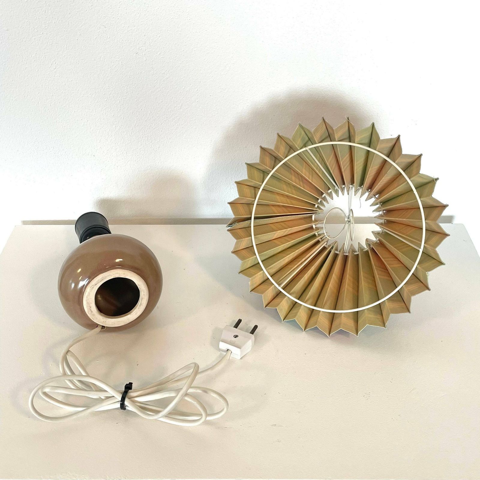 Vintage Danish Design Ceramic Mid Century Table Lamp With Multicolor Pleated Shade And Harefur Glaze photo buy