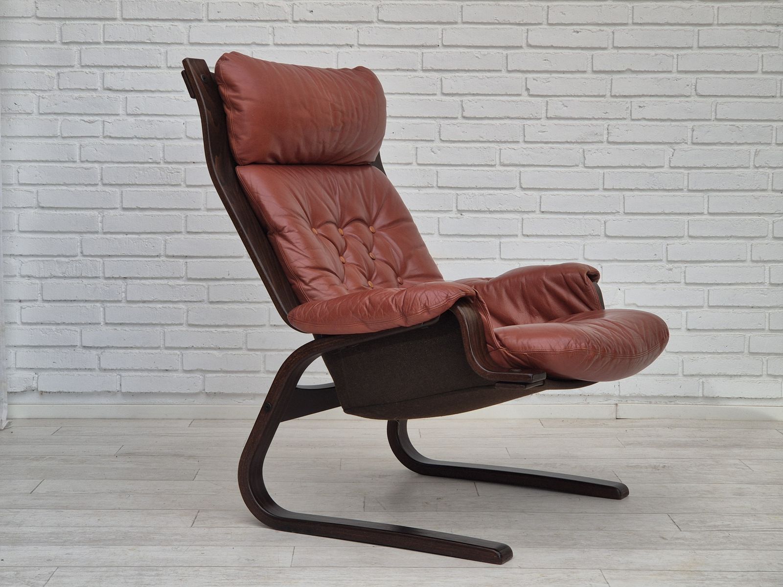 1970s, Scandinavian Design, Lounge Chair, Original Very Good Condition, Brown Leather. photo vintage