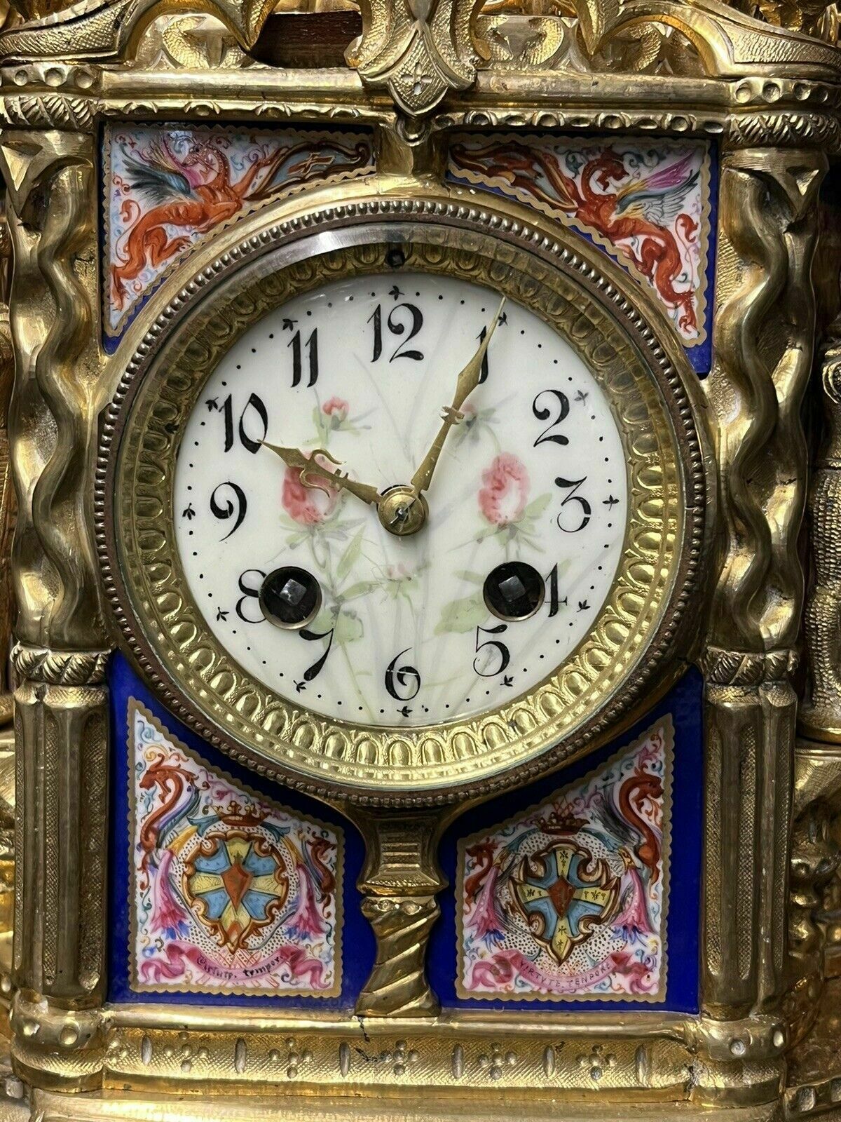 Victorian Brass Clock Under Glass Done, Porcelain Painted Panels Of Royalty photo vinterior