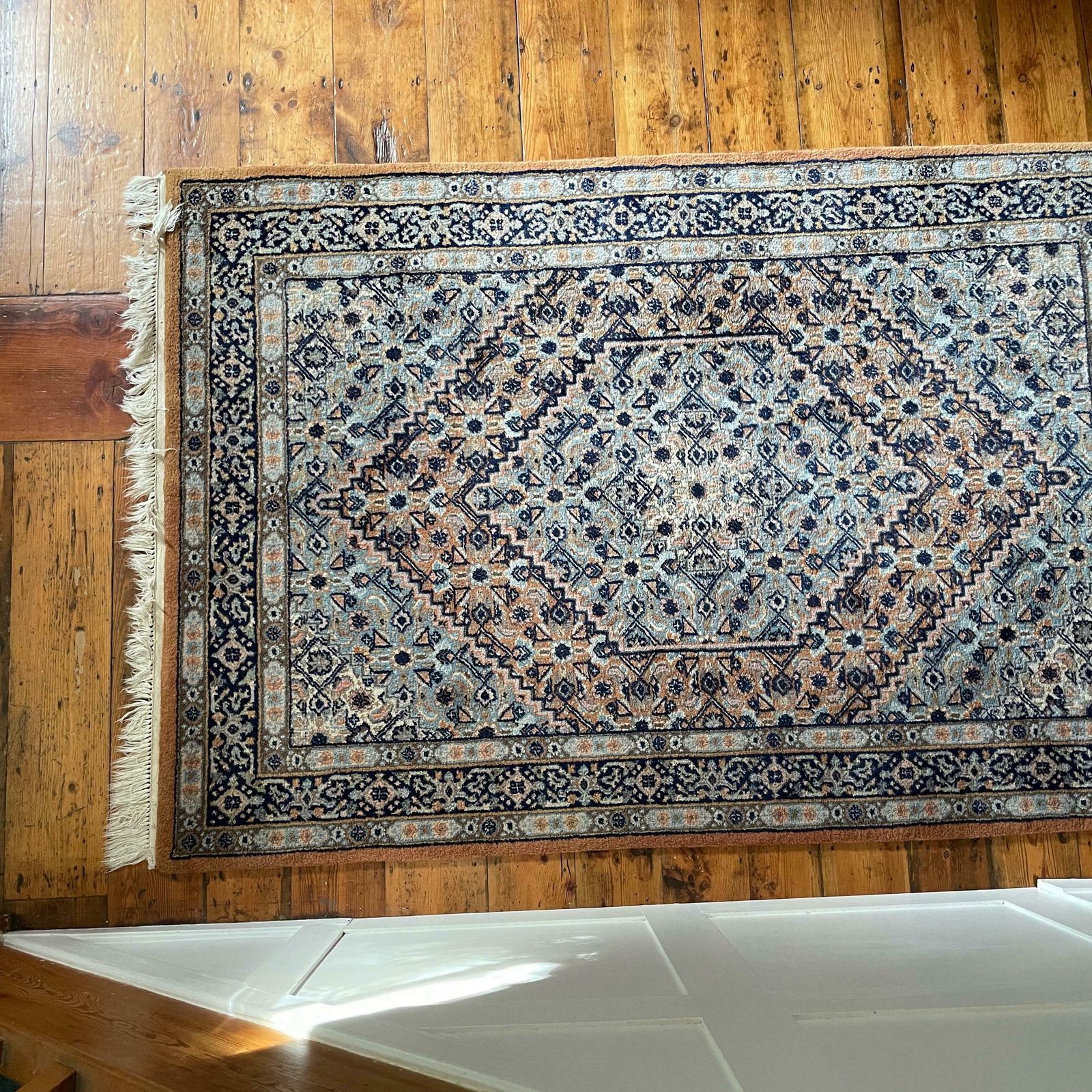 Antique Woven Rug Carpet Mat Handmade Rectangle Wool Vintage Textile Patterned Pattern Tassels Cottage 124x199cm Blue Burnt Orange photo 265.0