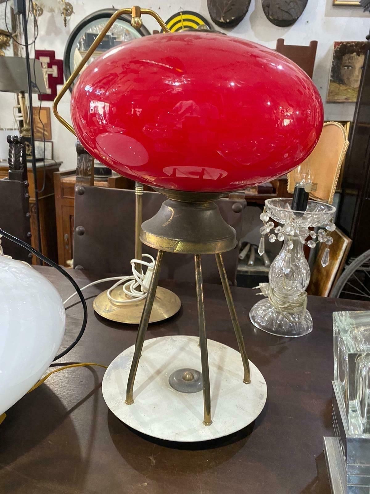 1950s Stylish Mid Century Modern Brass And Red Glass Italian Table Lamp photo furniture