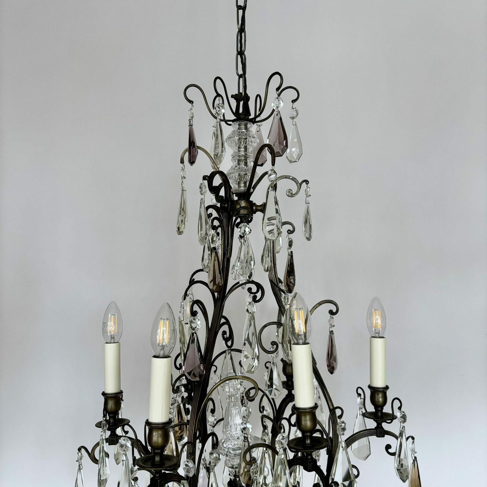 Large French Brass Birdcage Chandelier With Smokey Crystal Drops photo vinterior