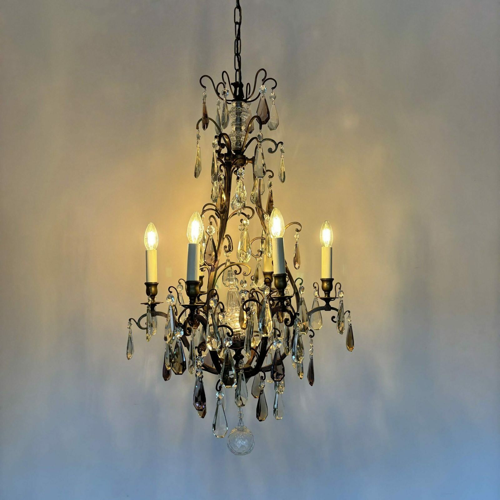 photo furniture Large French Brass Birdcage Chandelier With Smokey Crystal Drops