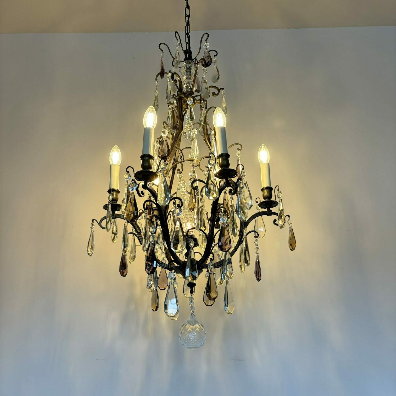 photo for sale Large French Brass Birdcage Chandelier With Smokey Crystal Drops