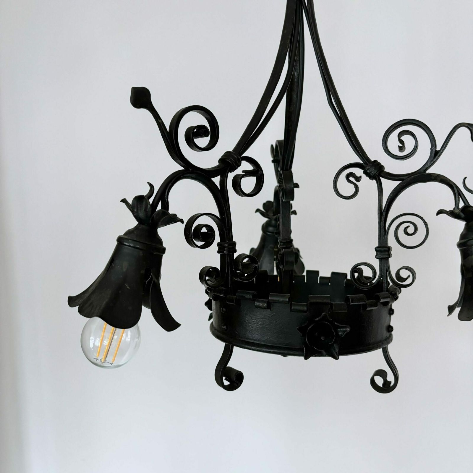 Ornate French Black Wrought Iron Chandelier photo vintage