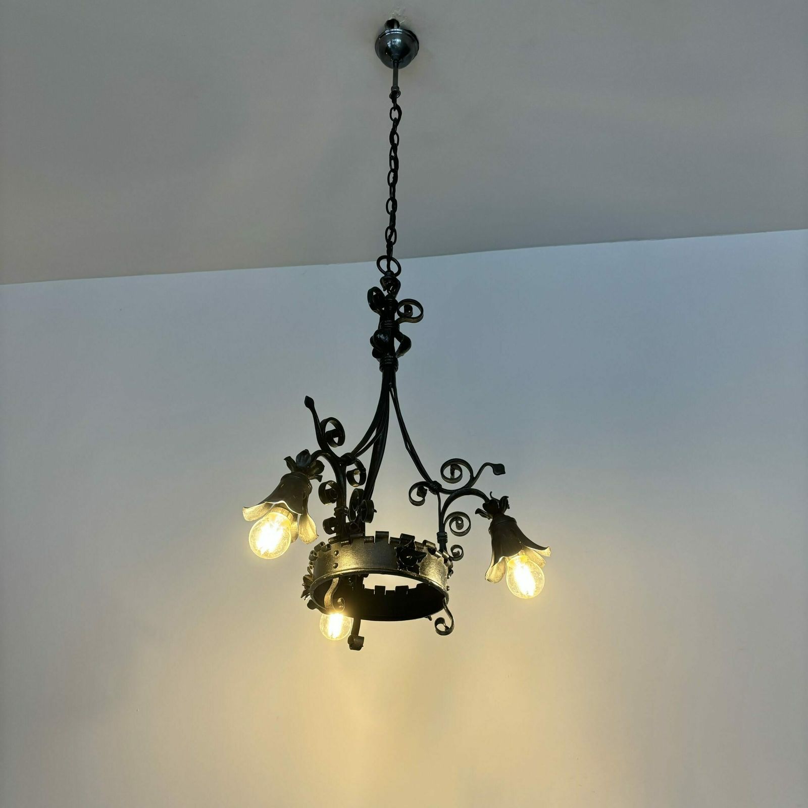 photo for sale Ornate French Black Wrought Iron Chandelier
