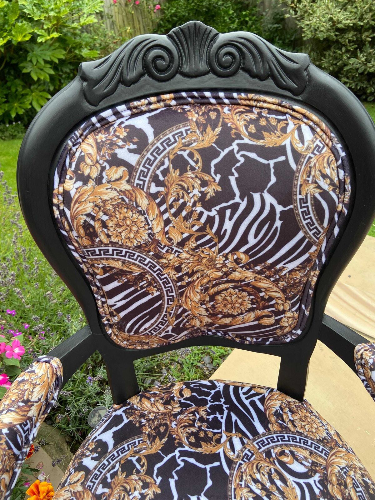 Zebra Velvet Print Vintage Chair, Rococo Style Bespoke Accent Arm Chair, Quirky Eclectic Print Chair photo for sale