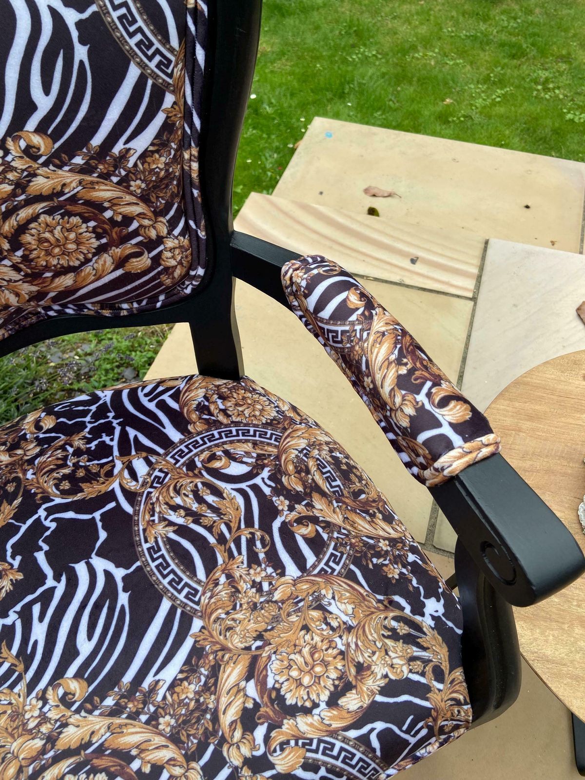 Zebra Velvet Print Vintage Chair, Rococo Style Bespoke Accent Arm Chair, Quirky Eclectic Print Chair photo vinterior