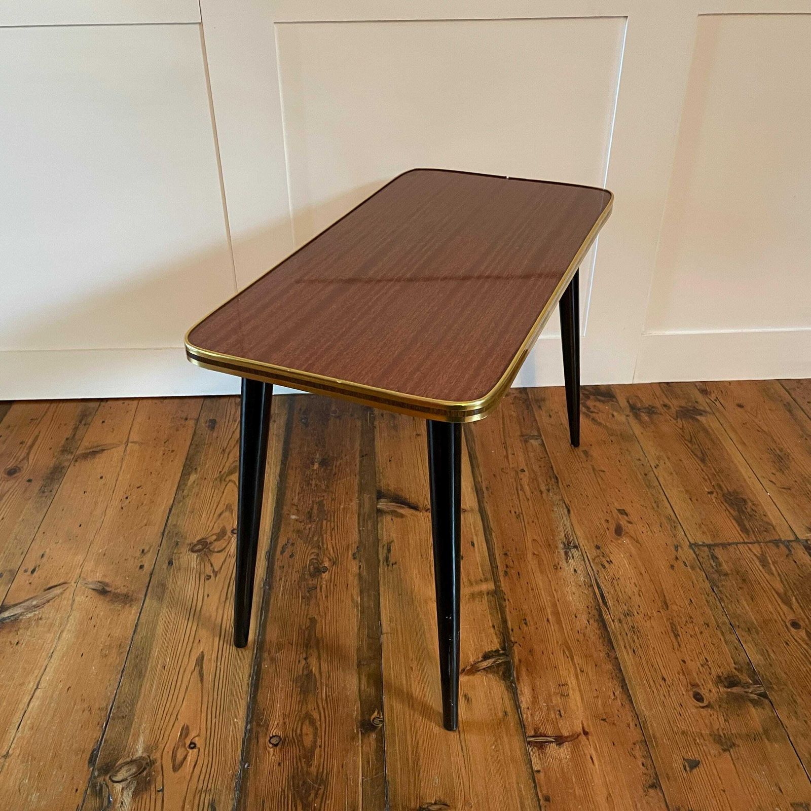 Vintage Retro Wooden Table Rectangle Wood Side Boho Coffee Living Room Retro Lounge Black Pin Legs Gold Edge Plywood Brown photo furniture