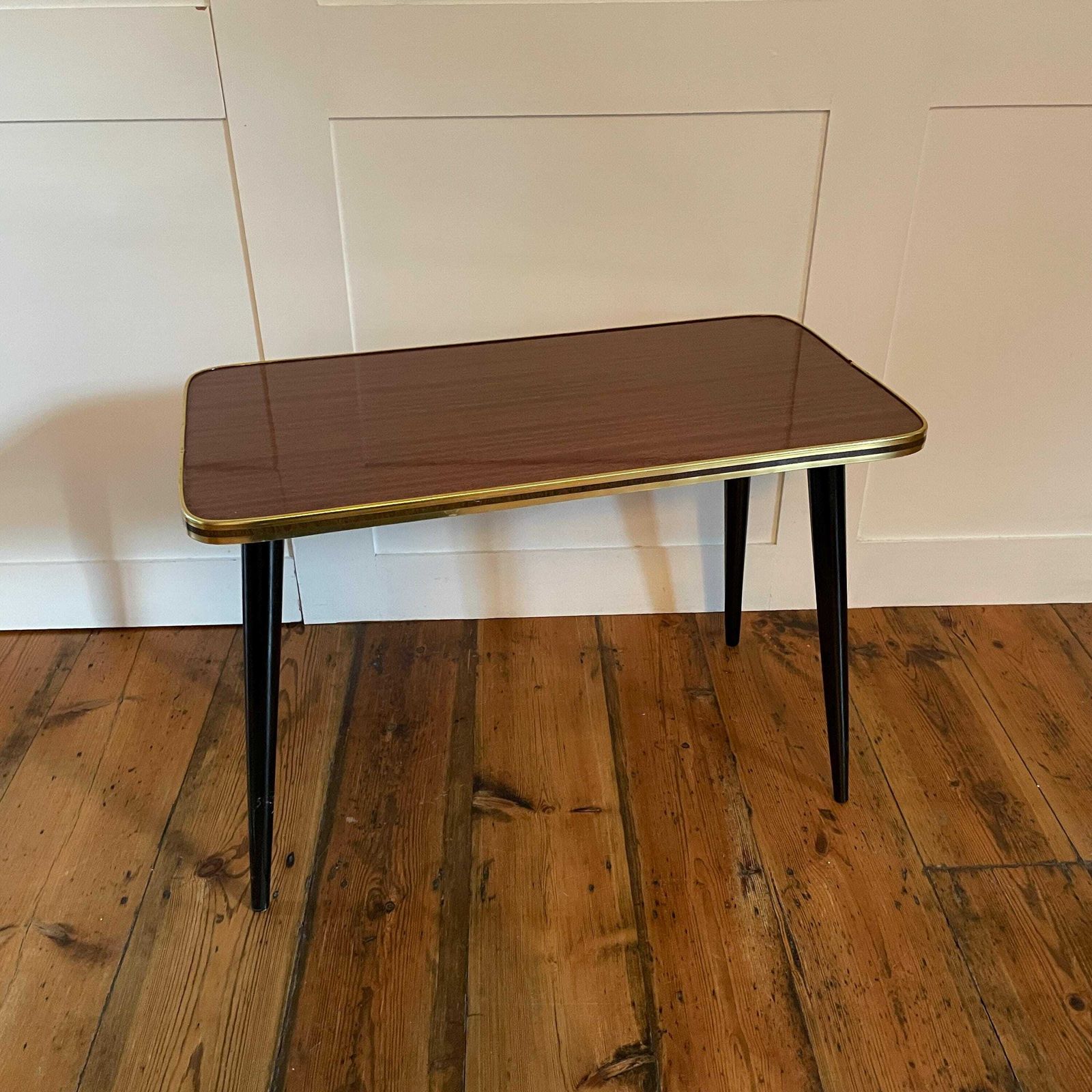 Vintage Retro Wooden Table Rectangle Wood Side Boho Coffee Living Room Retro Lounge Black Pin Legs Gold Edge Plywood Brown photo Furniture