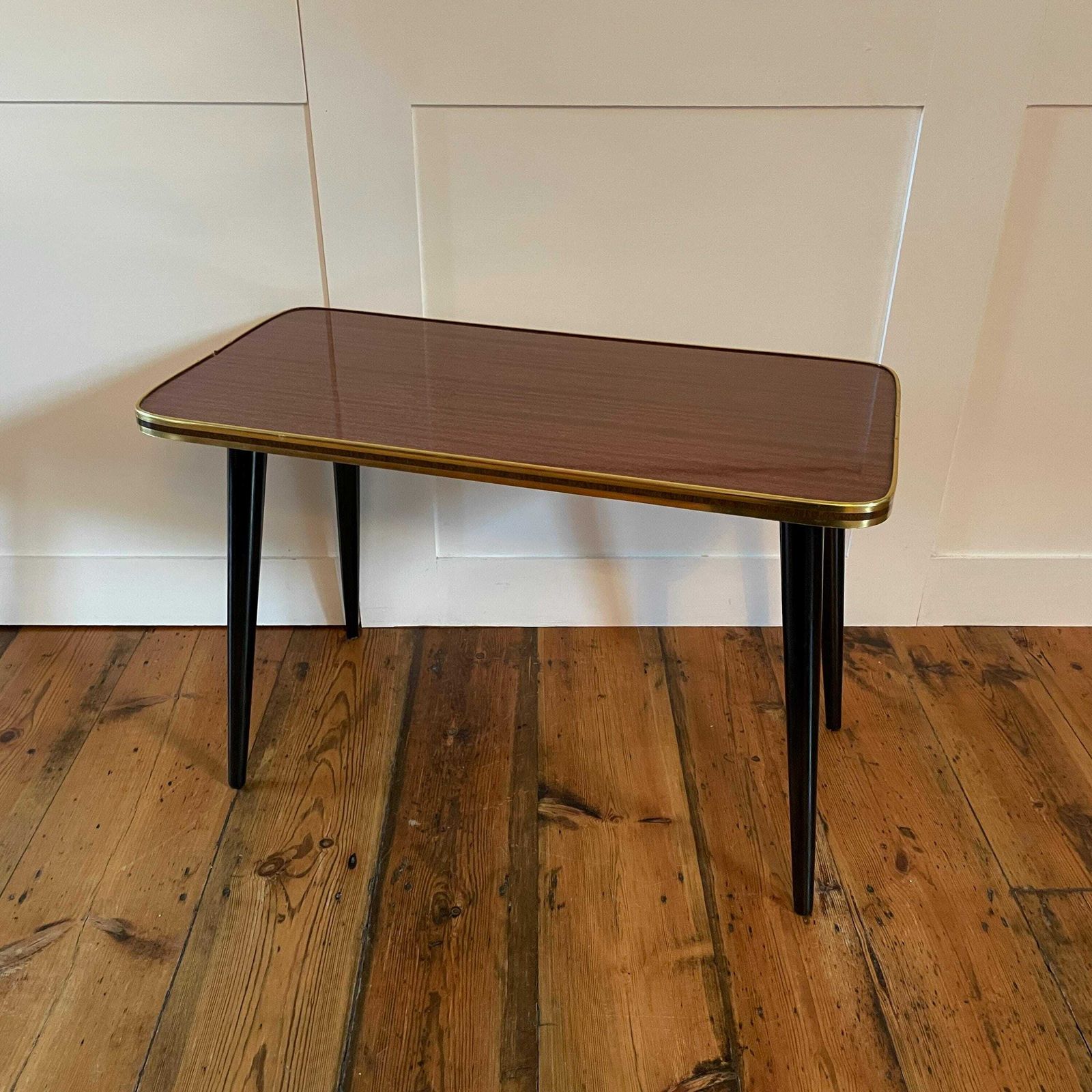 photo furniture Vintage Retro Wooden Table Rectangle Wood Side Boho Coffee Living Room Retro Lounge Black Pin Legs Gold Edge Plywood Brown