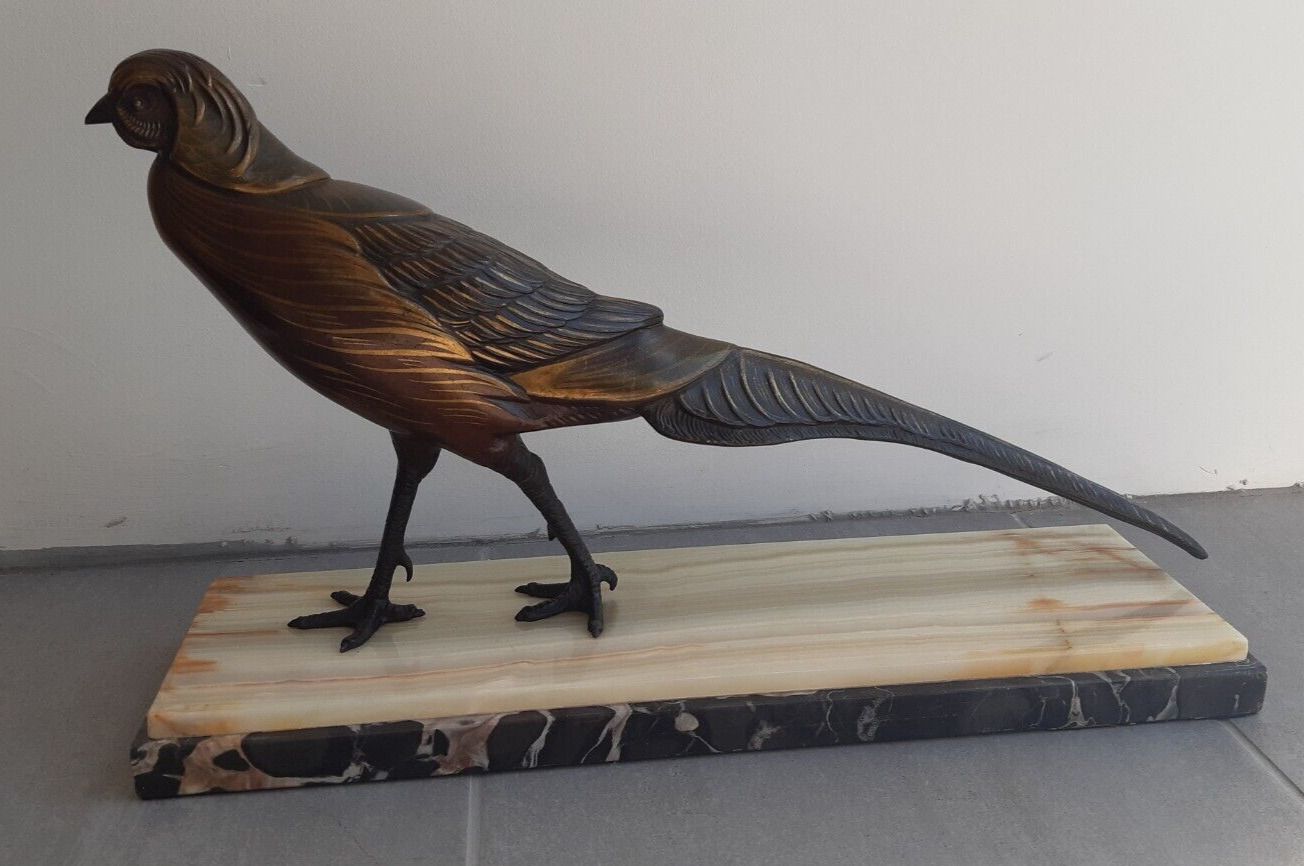 Fine Antique Art Deco Spelter Polychrome Lustrous Pheasant Figure Marble Base photo furniture