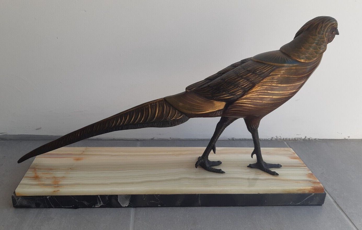 Fine Antique Art Deco Spelter Polychrome Lustrous Pheasant Figure Marble Base photo Home Decor